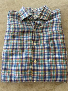 Peter Millar Linen Shirt Colorful Plaid Spring Summer Colors Men's Size Large